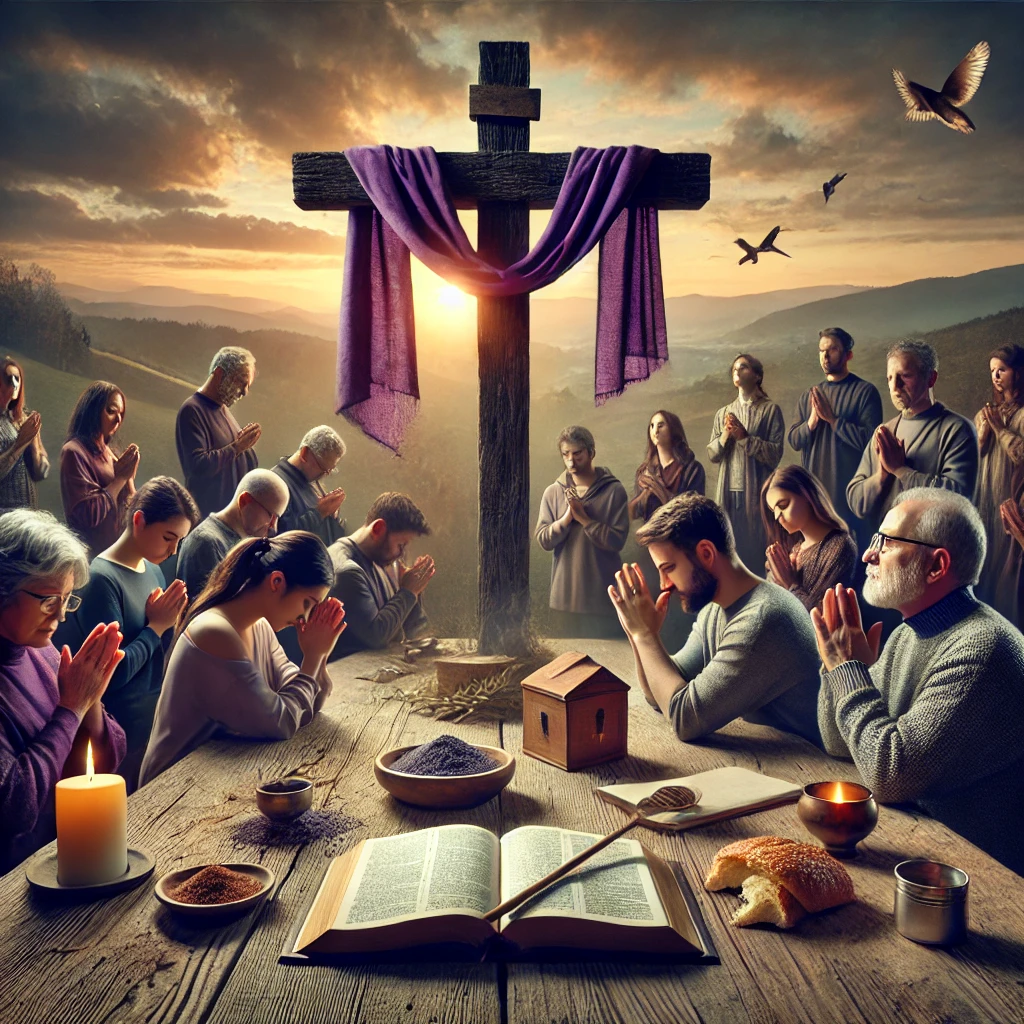 A diverse group of people gathered around a wooden cross draped with a purple cloth, praying, offering alms, and sharing bread, symbolizing the key elements of Lent—prayer, fasting, and charity.