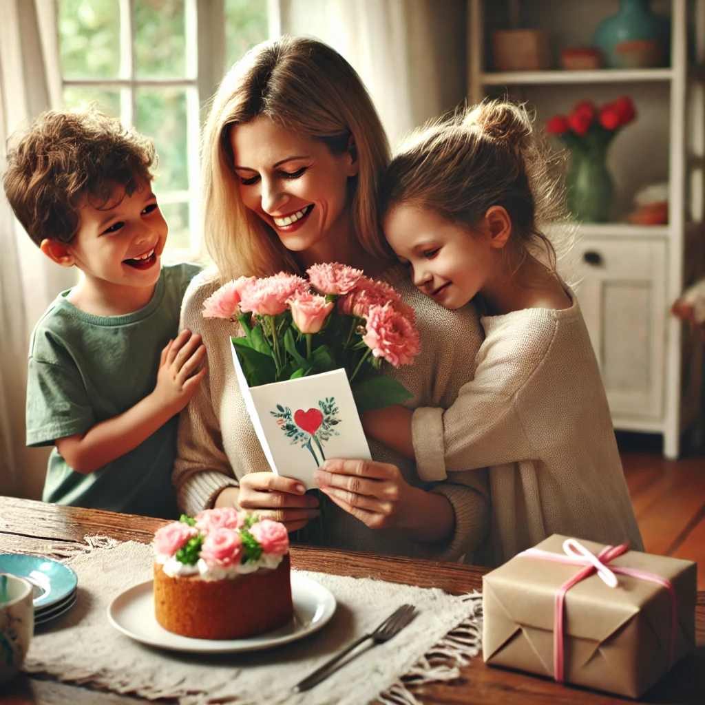 A mother surrounded by her children, receiving flowers and a handmade card in a cozy home, with a cake and a small gift on a nearby table.
