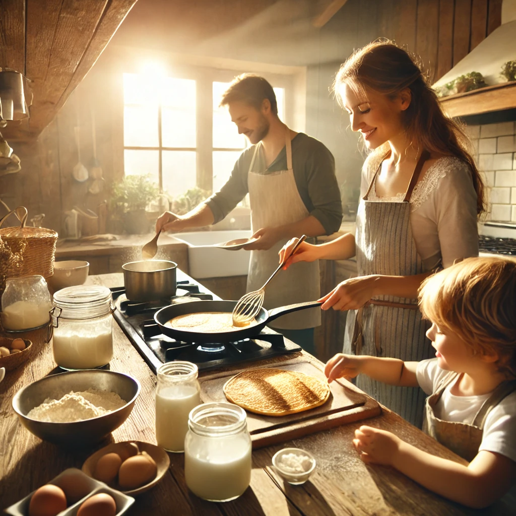  A joyful family making traditional pancakes together in a warm kitchen. A mother flips pancakes on the stove while a father and child mix batter, with ingredients spread across the counter.