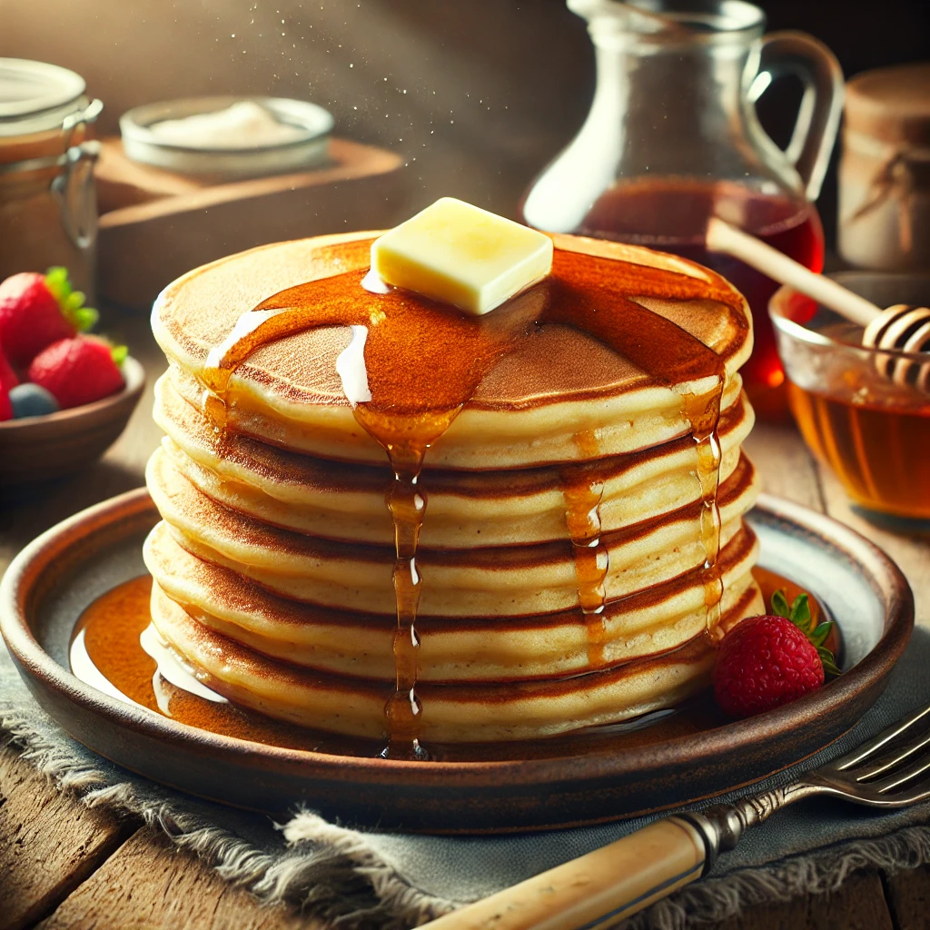 A stack of traditional golden-brown pancakes with butter melting on top and maple syrup drizzling down the sides, placed on a rustic wooden table with a fork and knife beside it.