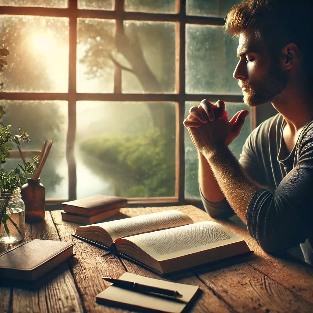 A person reflecting on an open book, with a notebook and pen nearby, as sunlight streams through a window, creating a peaceful and contemplative atmosphere.