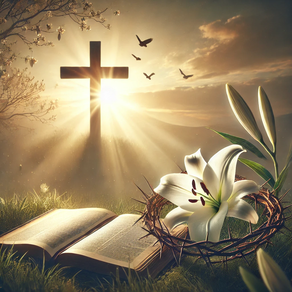  A cross illuminated by the sunrise, with an open Bible, a crown of thorns, and a white lily in the foreground, symbolizing renewal and preparation for Easter.