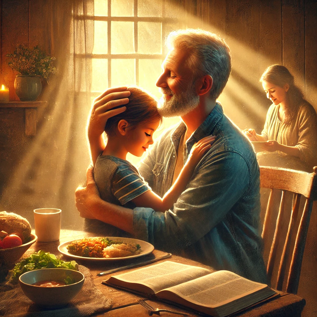 A parent embracing their child in a cozy home, with warm sunlight streaming in, a Bible on the table, and a moment of prayer in the background.