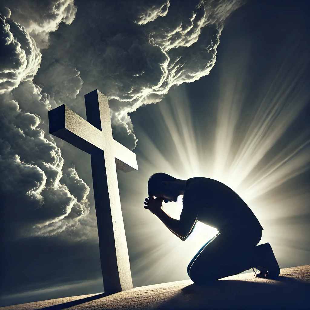 A person standing near a cross, expressing deep frustration or emotional turmoil, under a stormy sky. The lighting creates a dramatic contrast, symbolizing tension between struggle and faith.