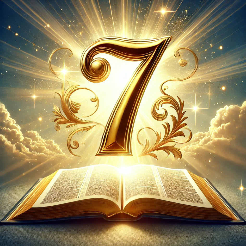 An open Bible with a glowing golden number '7' floating above it, radiating divine light against a heavenly background