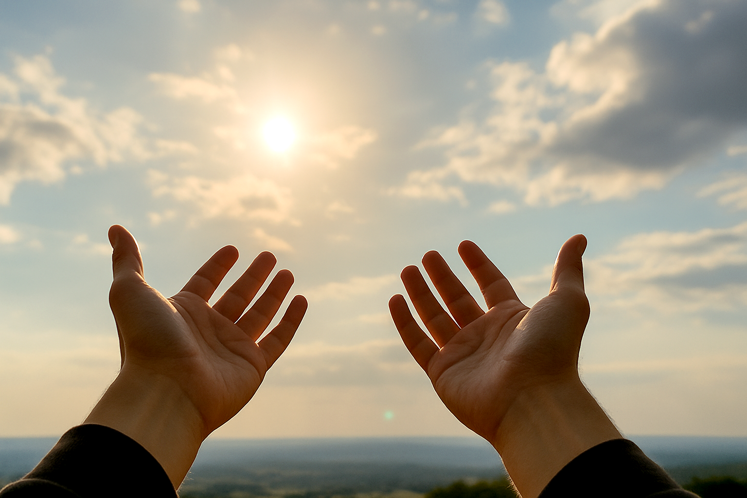 A pair of open hands reaching upward toward a bright, sunlit sky