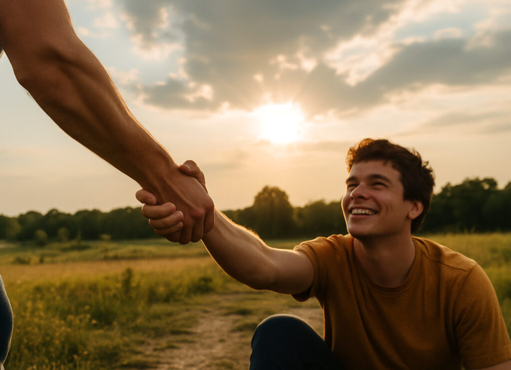 A person reaching down to help another person up from the ground, representing salvation.