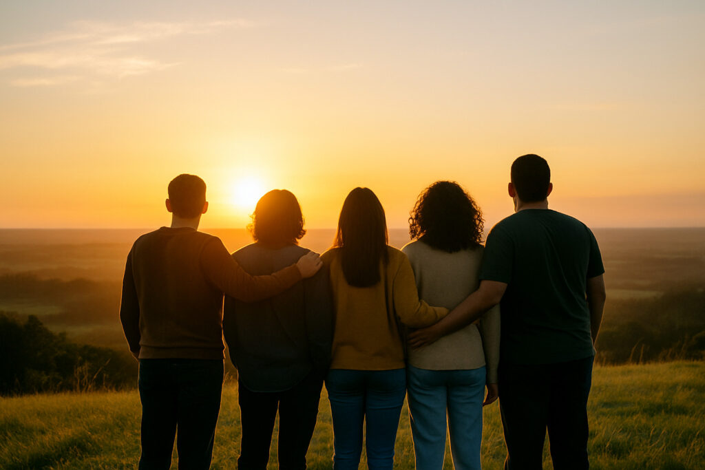 A group of people standing side by side, facing the horizon as the sun rises, symbolizing unity, hope, and the journey ahead.