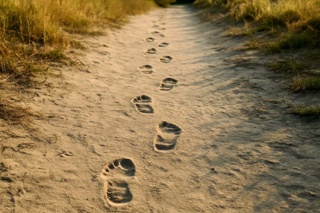 Bare footprints leading away along a sandy trail symbolizing the journey of Salvation