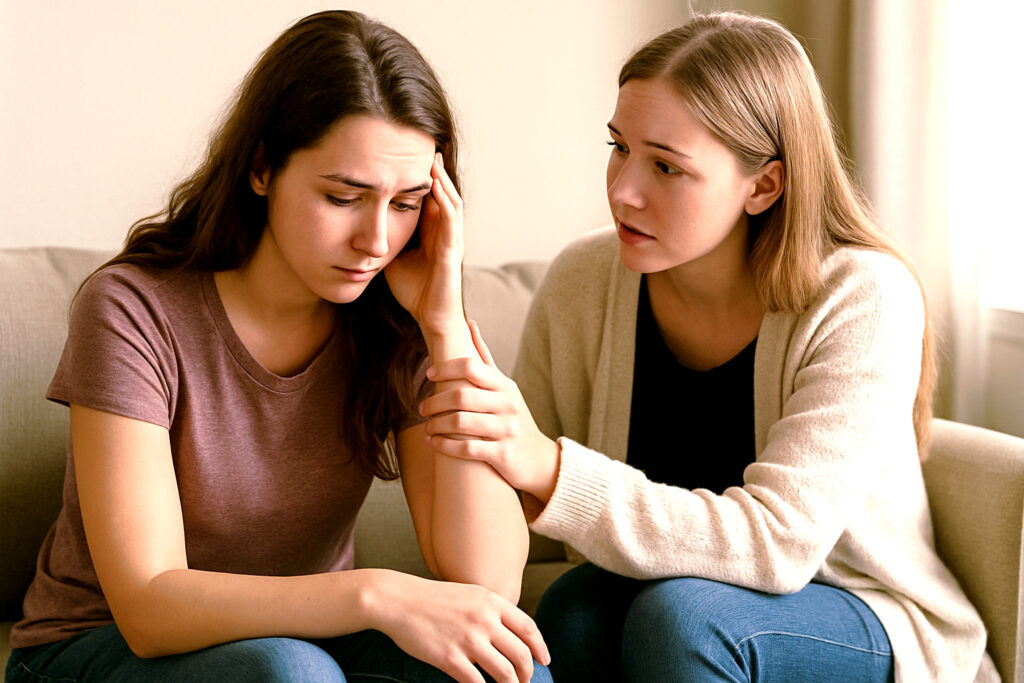 Two people sitting together in conversation, one gently comforting the other, symbolizing encouragement and support
