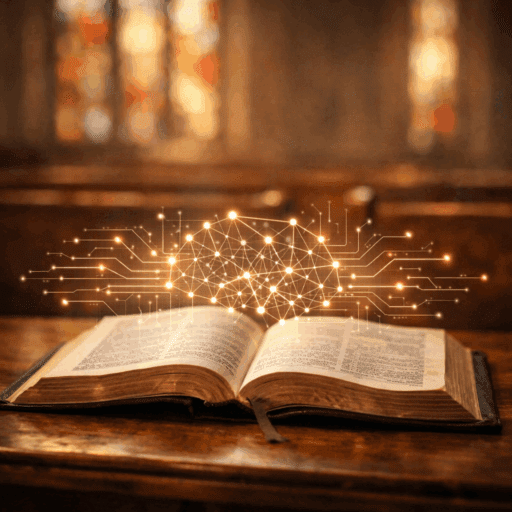 Open Bible in a church with subtle digital circuit overlay representing Christianity and artificial intelligence.