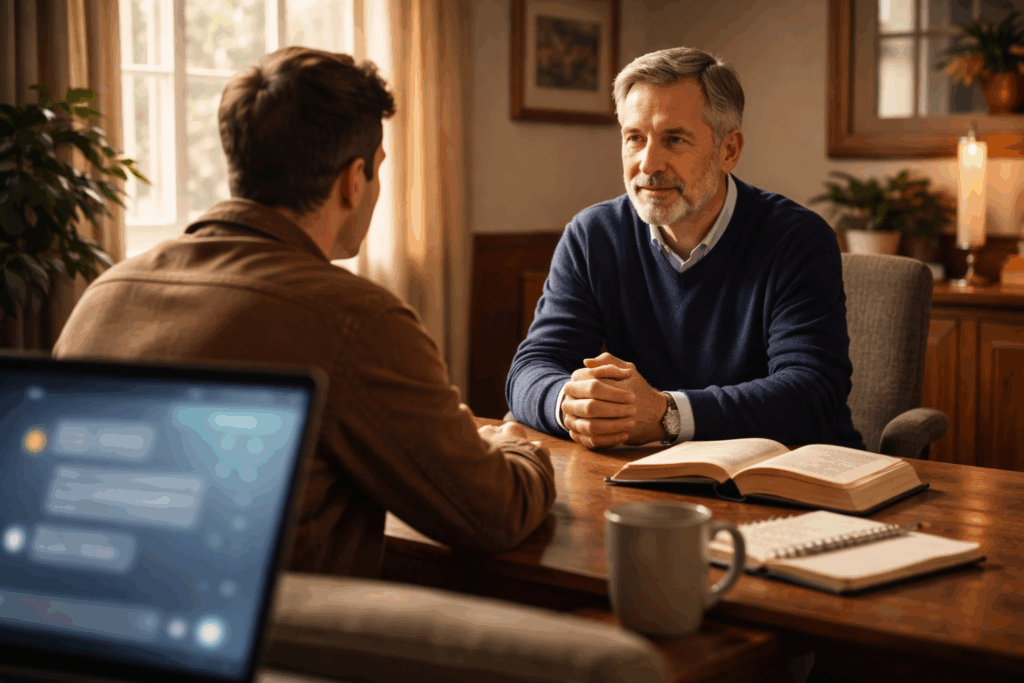 Pastor meeting with a congregant while a blurred AI chatbot screen appears nearby, illustrating the Christian debate over AI and pastoral care.