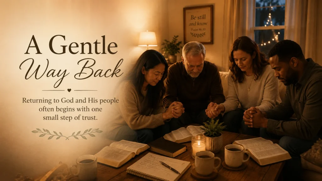 Small group of Christians praying together in a warm home setting.
