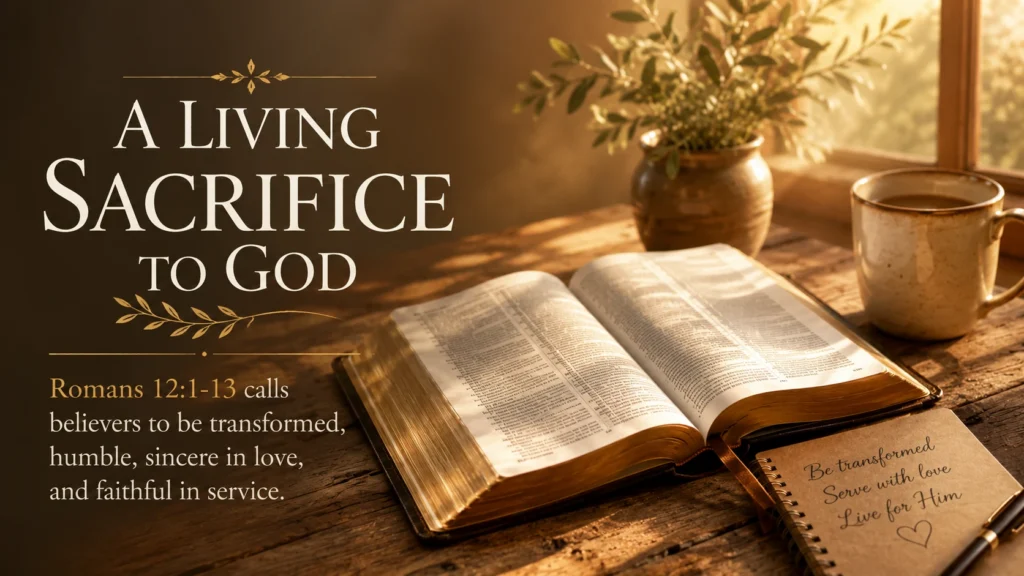 Open Bible in soft light representing Romans 12:1-13 and the call to live as a living sacrifice to God.