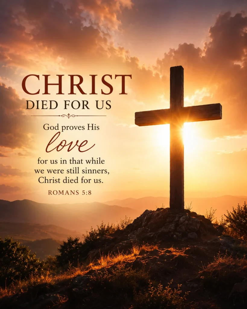 Simple cross with warm light representing Romans 5:8 and God’s love shown through Christ dying for sinners.