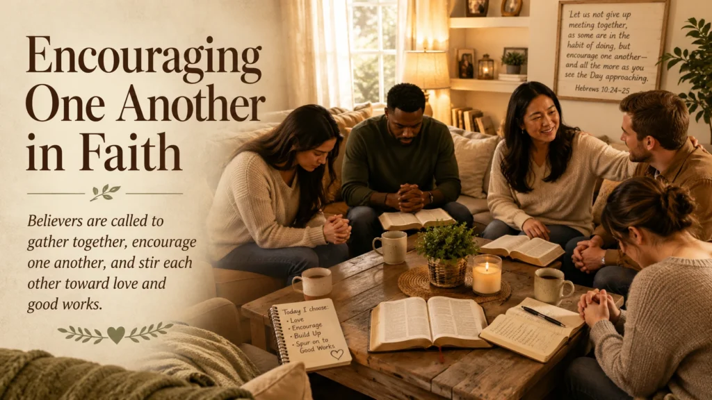 Small group of believers gathered together for prayer and Bible study, representing Hebrews 10:24-25.