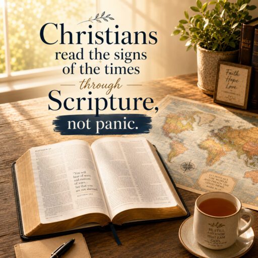Open Bible on a wooden table beside a map and a cup of tea.