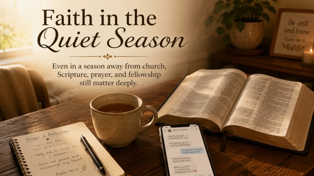 Open Bible, notebook, and phone on a table during a quiet time of prayer and reflection.