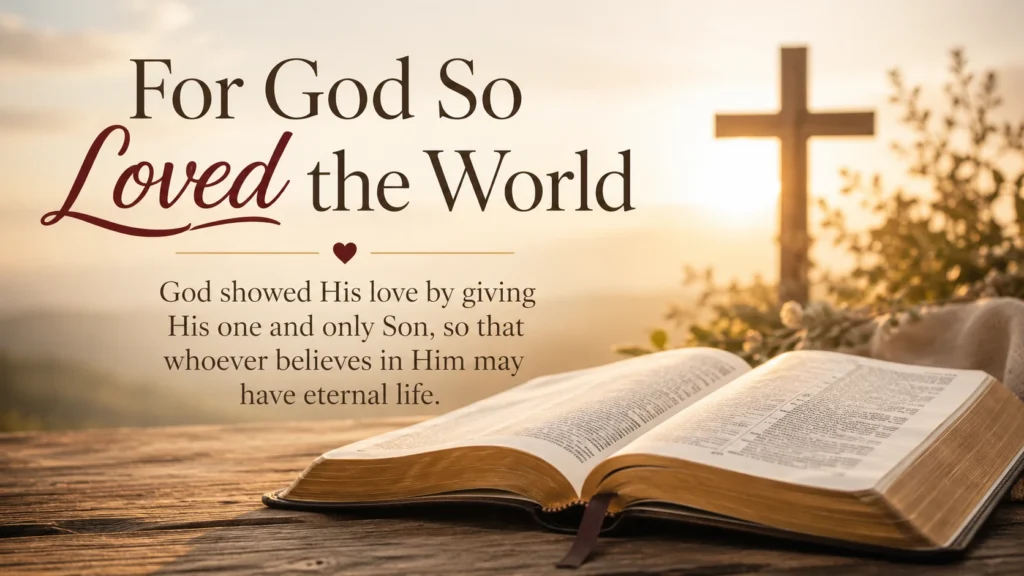 Open Bible with warm light and a simple cross representing John 3:16 and God’s love through Jesus Christ.