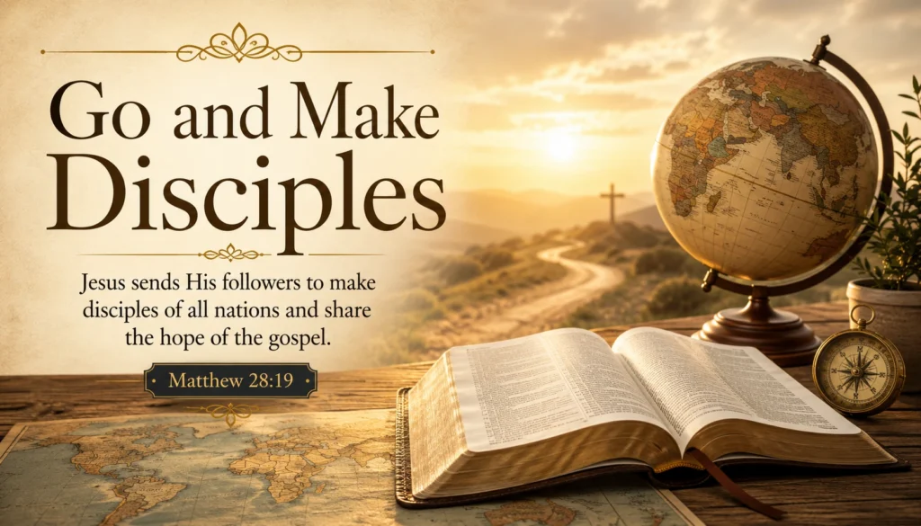 Open Bible beside a world map representing Matthew 28:19 and Jesus’ command to make disciples of all nations.