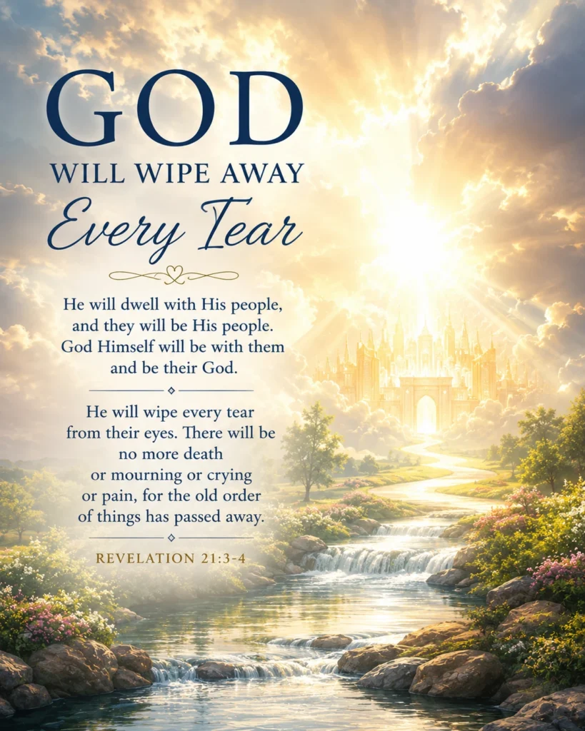 Soft heavenly light breaking through clouds representing Revelation 21:3-4 and God wiping away every tear.