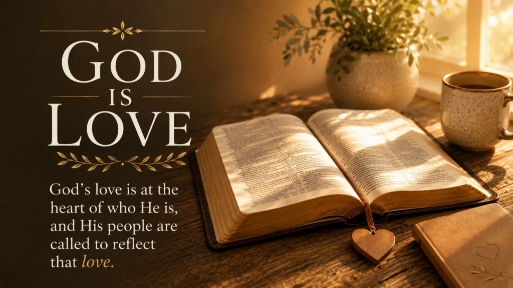 Open Bible in soft light with a heart-shaped detail representing 1 John 4:8 and the truth that God is love.