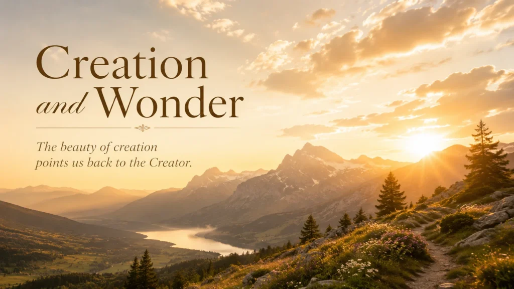 Mountain landscape under a bright sky representing God as Creator.