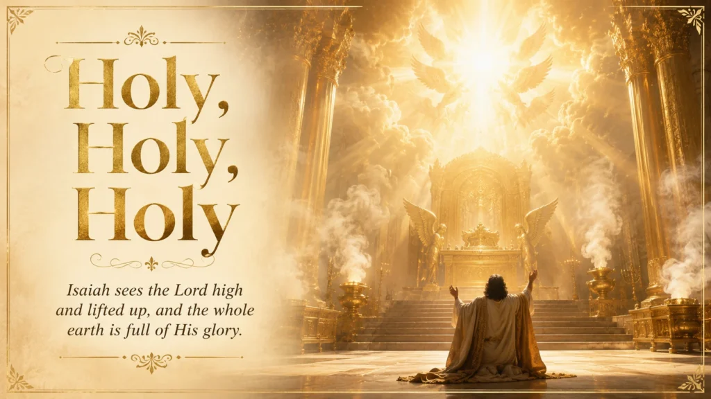 Temple filled with golden light and smoke representing Isaiah 6:1-5 and Isaiah’s vision of the Lord’s holiness.