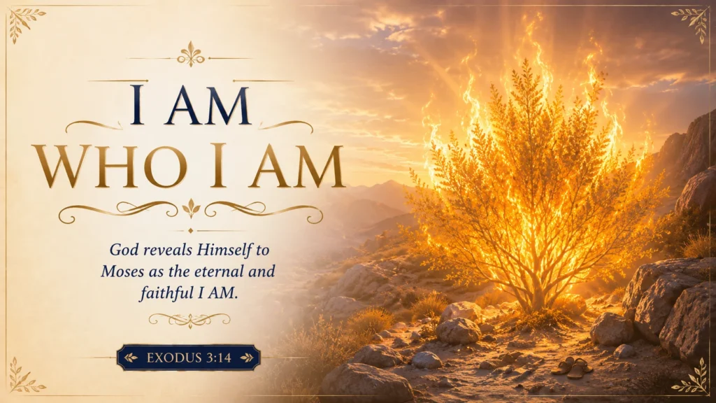 Burning bush glowing in the wilderness representing Exodus 3:14 and God revealing Himself to Moses as I AM WHO I AM.