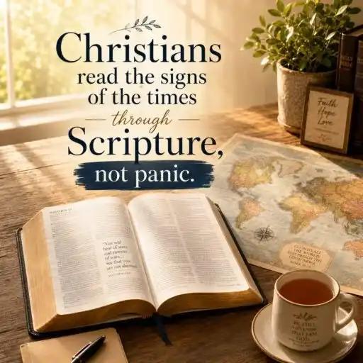 Open Bible on a wooden table beside a map and a cup of tea.