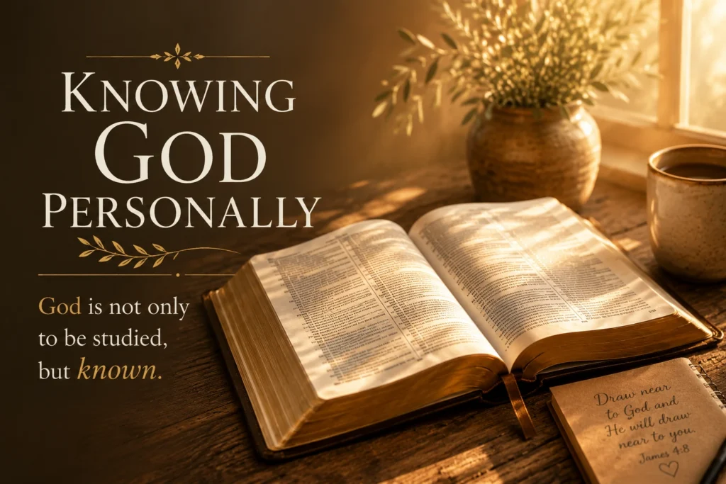 Open Bible in warm light representing knowing God personally.