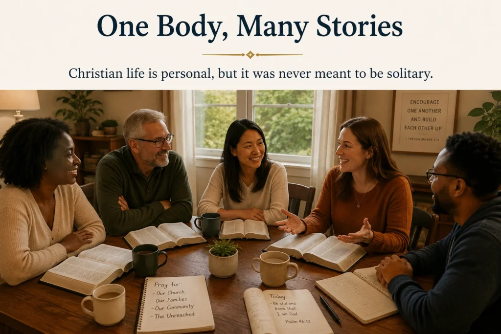 Small group of Christians gathered around a table for Bible study and prayer.