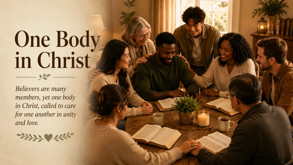 Diverse group of believers gathered together, representing 1 Corinthians 12:12-27 and the body of Christ.