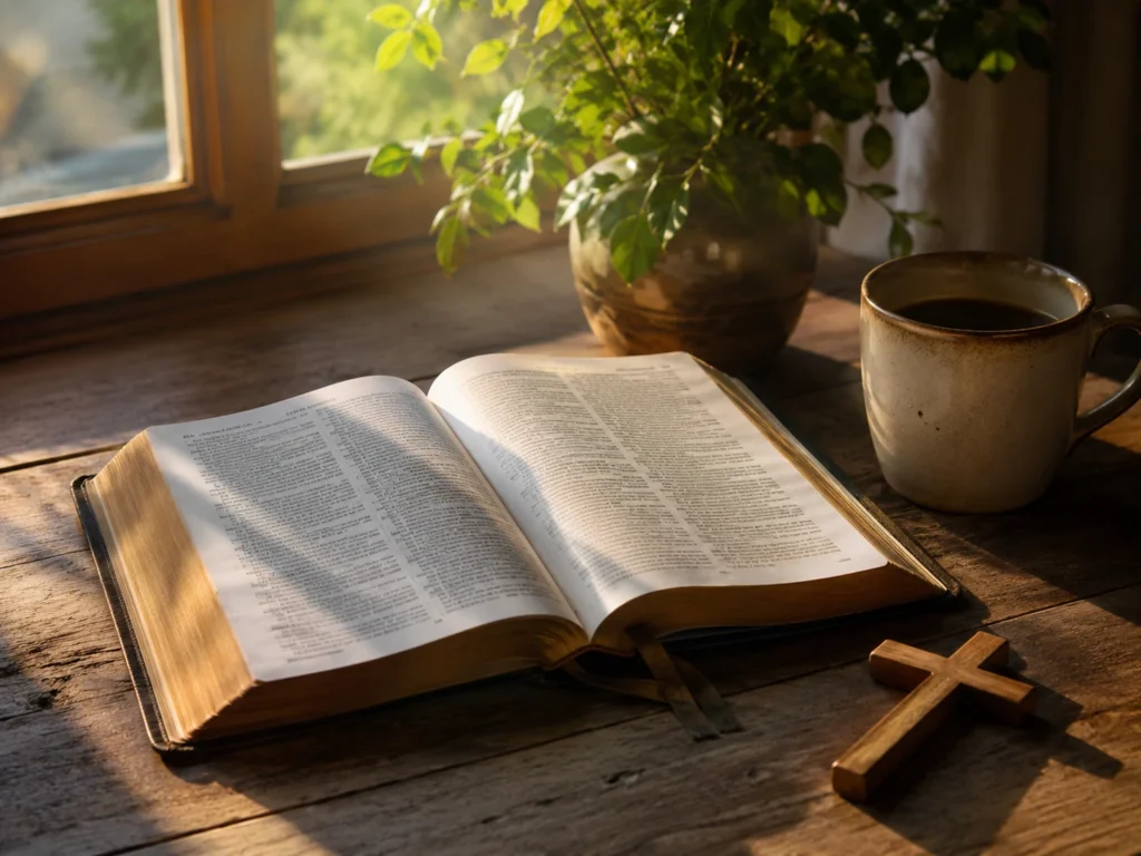 Open Bible in warm morning light representing Ephesians 2:8-9 and salvation by grace through faith.