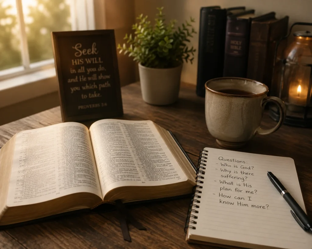 Open Bible and notebook representing honest questions about God.