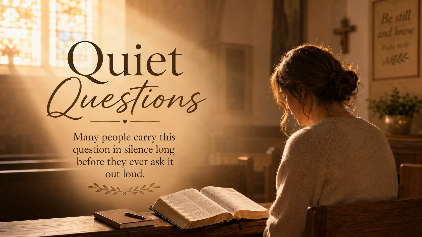 Person sitting quietly beside an open Bible in soft church light.