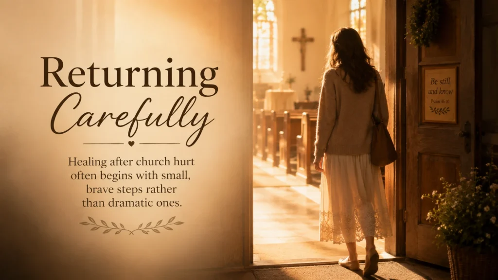 Person standing thoughtfully at the entrance of a church, taking a careful step forward.