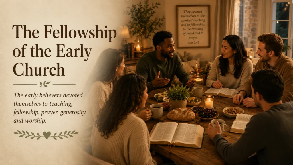 Small group of believers gathered around a table with an open Bible and bread, representing Acts 2:42-47 and early church fellowship.