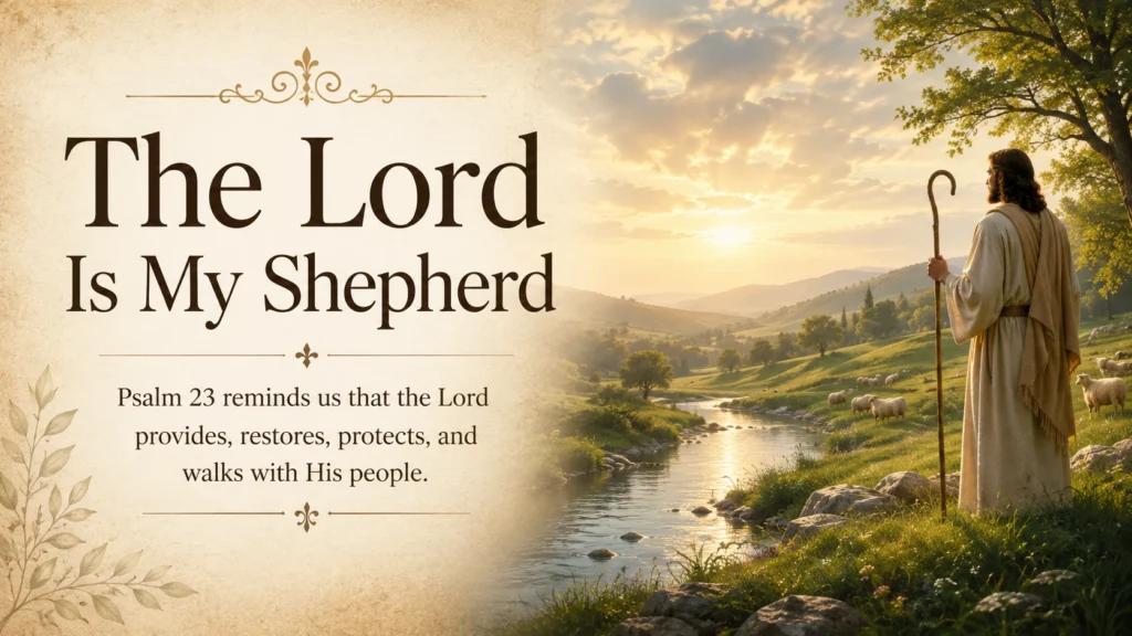 Green pastures and still waters representing Psalm 23 and the Lord as our faithful shepherd.