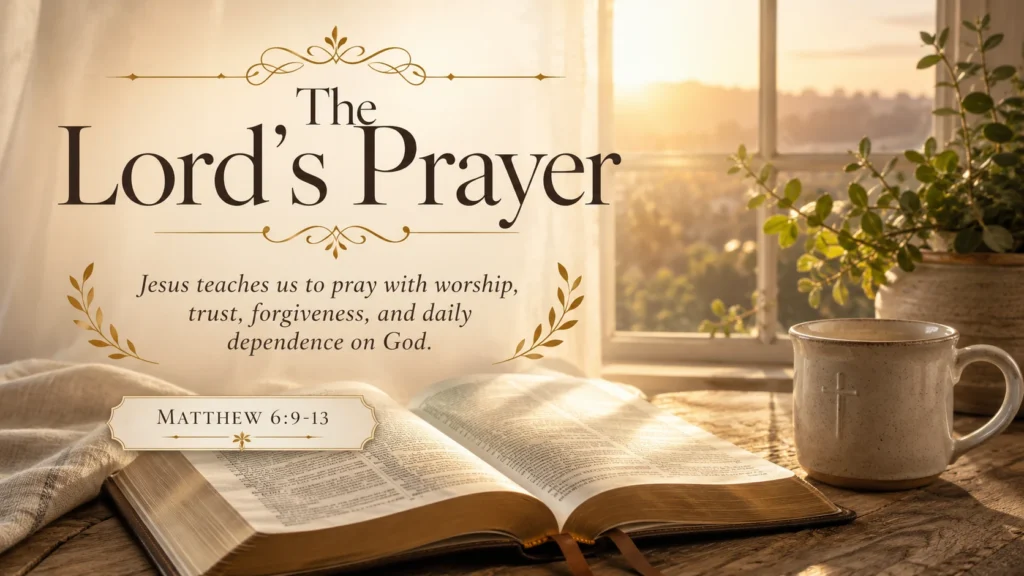 Open Bible in soft morning light representing Matthew 6:9-13 and the Lord’s Prayer.