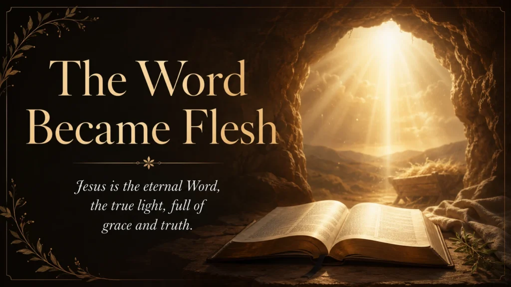 Bright light shining into darkness with an open Bible, representing John 1:1-14 and Jesus as the Word made flesh.