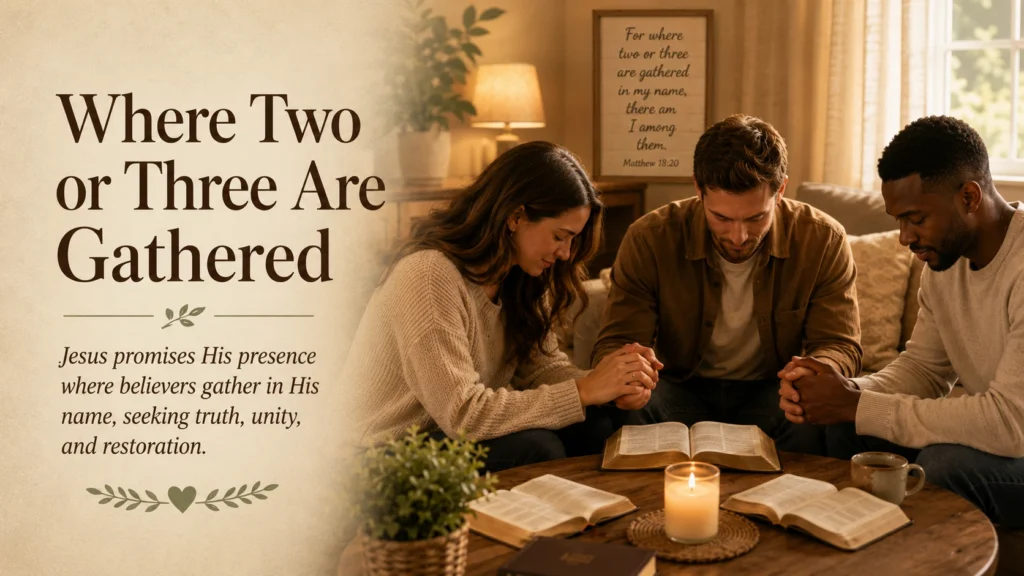 Two or three believers gathered together in prayer, representing Matthew 18:15-20 and Jesus’ promise to be present among them.