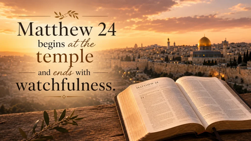 Bible open to Matthew with Jerusalem skyline at sunset.