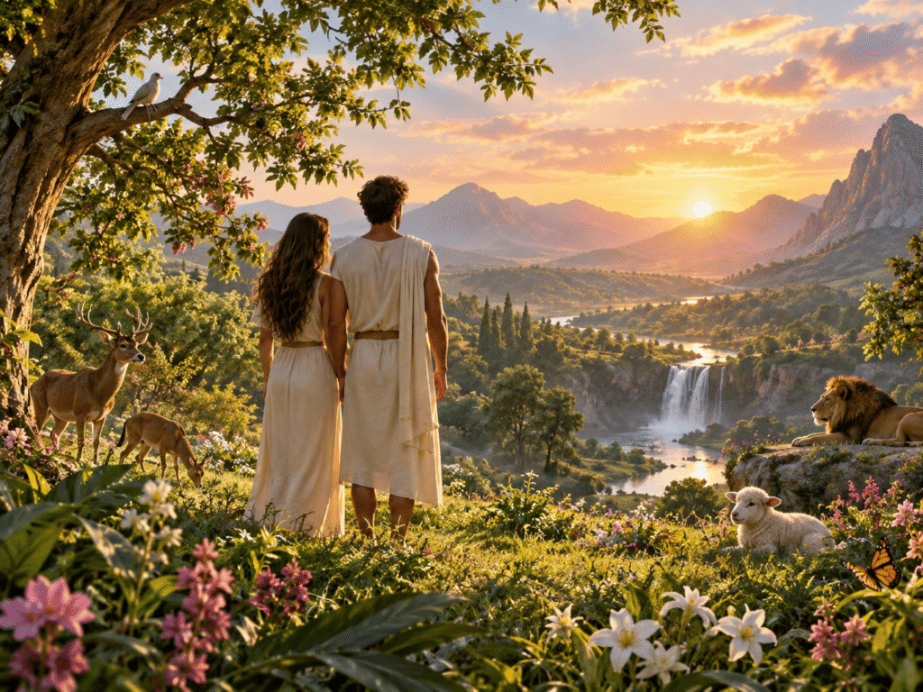 Two human figures in a natural landscape representing Adam and Eve and the discussion about human origins.