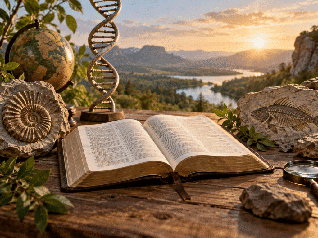 Open Bible beside DNA and fossil imagery representing Christian views of evolution.