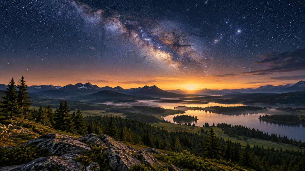 Natural landscape under a star-filled sky representing God as Creator in Genesis.