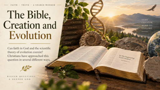 Open Bible alongside DNA and nature imagery representing the Christian discussion about creation and evolution.